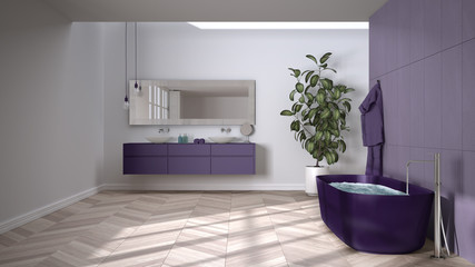 Spacious bathroom in purple tones with herringbone parquet floor, close-up, freestanding tub, double sink with towels and bottles, mirror, potted plant, minimalist interior design