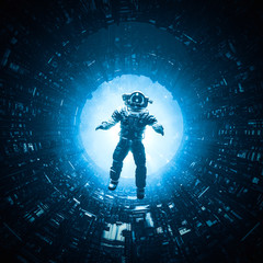 Wall Mural - dangers of space travel / 3d illustration of astronaut floating in dark mysterious space station cor