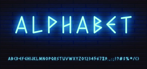 blue neon font greek style. letters, numerals, signs, symbols and icons for advertising and web design