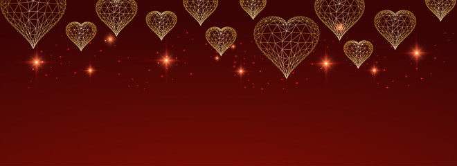 Wall Mural - Valentines Day web banner with shiny low polygonal golden hearts and stars on dark red background.
