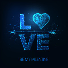 Wall Mural - Futuristic Valentines day poster with glowing low polygonal word love, heart symbol and cupid arrow