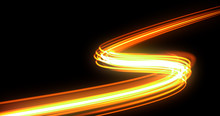 Bright Light Trail, Orange Neon Glowing Wave Trace, Energy Flash And Fire Effect. Magic Glow Swirl Trace Path, Optical Fiber Technology And Light In Speed Motion On Black Background