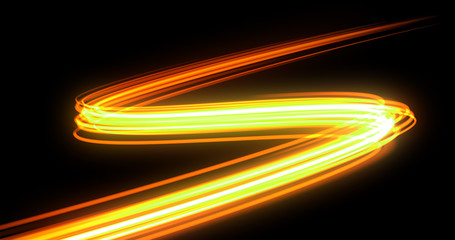 Aufkleber - Bright neon glowing light tail, energy wave line with flash lights effect. Magic orange yellow glow swirl trace path, on black background, optical fiber technology and light in speed motion