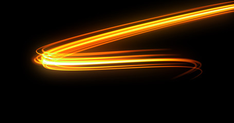 Fototapete - Bright light trail, orange neon glowing wave trace, energy flash and fire effect. Magic glow swirl trace path, on black background, optical fiber technology and light in speed motion