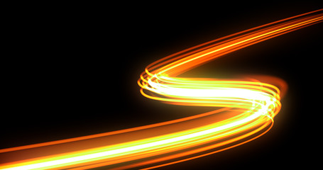 Aufkleber - Bright light trail, orange neon glowing wave trace, energy flash and fire effect. Magic glow swirl trace path, optical fiber technology and light in speed motion on black background