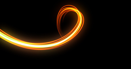 Wall Mural - Light trail, orange neon glowing wave swirl, energy flash spiral spin trace line effect. Magic glow swirl trace path, optical fiber and bright light in speed motion on black background