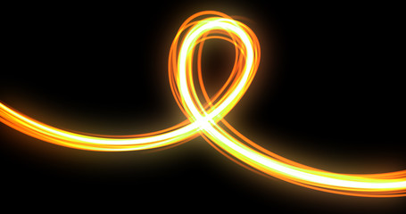 Aufkleber - Light wave curve spiral trail path, yellow bright neon glowing flash flare trace effect. Optic fiber line glow and magic light swirl spin in motion on black background