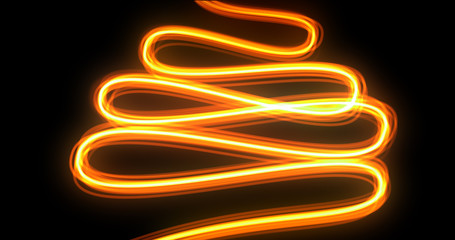 Poster - Light wave spiral trail, orange neon glow spin twirl trace effect. Incandescent spiral line and magic electric light with golden glow swirl curve in motion on black background