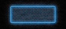 Blue Neon Frame Signboard At Night On Brick Wall