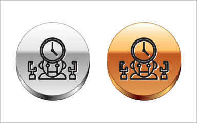 Poster - Black line Robot and digital time manager icon isolated on white background. Time management assistance, workflow optimization help. Silver-gold circle button. Vector Illustration