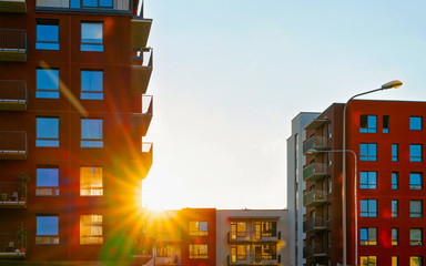 Apartment in residential building exterior. Housing structure at blue modern house of Europe. Rental home in city district on summer. Architecture for business property investment, Vilnius, Lithuania.