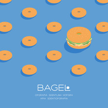 Bagel Sandwich 3D Isometric Pattern, Fast Food Burger Concept Poster And Social Banner Post Square Design Illustration Isolated On Brown Background With Copy Space, Vector Eps 10