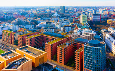 Apartment in residential building exterior. Housing structure at blue modern house of Europe. Rental home in city district on summer. Architecture for business property investment in Berlin, Germany.