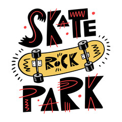 Yellow skateboard vector illustration. Skate Rock Park Phrase.