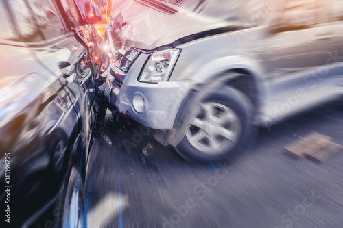Cuadros en Lienzo Car crash dangerous accident on the road. With speed zoom blur.