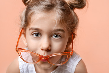 Sticker - Cute fashionable girl with sunglasses on color background