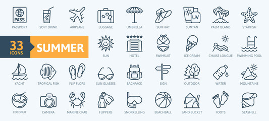 summer, vacation, beach elements - minimal thin line web icon set. outline icons collection. simple 