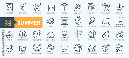 Cuadros en Lienzo Summer, vacation, beach elements - minimal thin line web icon set