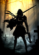 The Silhouette Of A Girl In A Hood With A Long Sword And A Crossbow In Her Hands, In A Ragged Cloak And Armor Elements On Her Chest And Shoulders, Stands In The Middle Of The Cemetery In The Sun .