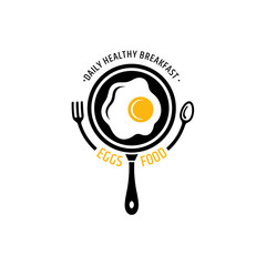 Eggs cooking logo element. Food/meal logo design. Vector of pan with egg, spoon and fork for culinary, dining and restaurant business logo template