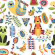 Children seamless pattern on dark background. Kids illustration with cute wild animals, tropical fantastic plants, flowers and colorful shapes. Ethnic pattern and mosaic. Hand drawn vector pictures.