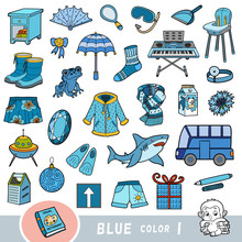 Colorful Set Of Blue Color Objects. Visual Dictionary For Children About The Basic Colors