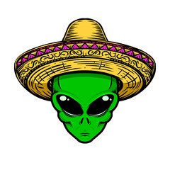 Illustration of alien in sombrero isolated on white background. Design element for logo, label, badge, sign.