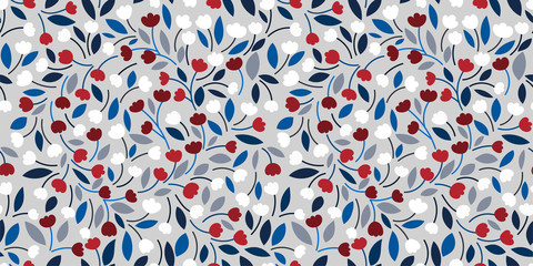 Beautiful floral pattern with white, red tulips, leaves on a light background. Spring flowers print. Perfect template for fashion fabrics, wrapping paper, book covers, magazines... Vector illustration