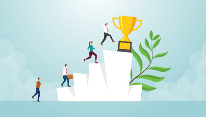 success race business competition with big gold trophy on hill stairs with modern flat style - vector