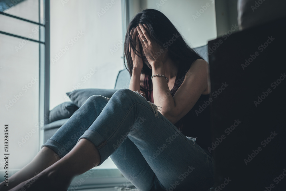 panic attacks alone young woman sad fear stressful depressed emotion.crying begging help.stop abusing domestic violence,person with health anxiety,people bad frustrated exhausted feeling down - obrazy, fototapety, plakaty 