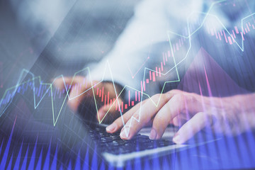 Aufkleber - Forex graph with businessman typing on computer in office on background. Concept of analysis. Double exposure.
