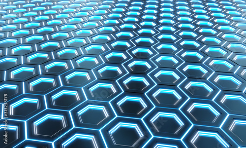 Glowing black and blue hexagons background pattern on silver metal surface 3D...