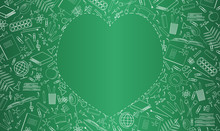 Banner With Green School Board. School Supplies, Education Symbols Are Drawn In Chalk. Empty Place In The Form Of Heart For Text. Flat Vector Illustration. Happy Teachers Day, Start Of The School Year