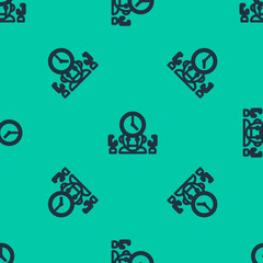 Poster - Blue line Robot and digital time manager icon isolated seamless pattern on green background. Time management assistance, workflow optimization help. Vector Illustration