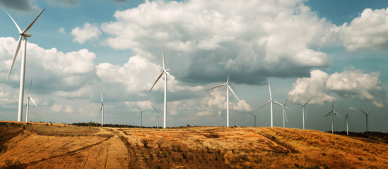 Wall Mural - panorama wind turbine on hill. energy power in nature. eco concept