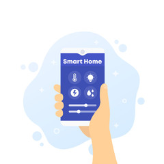 Poster - Smart home control app, phone in hand, vector