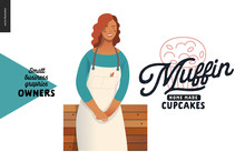 Muffins, Home Made Cupcakes -small Business Owners Graphics -owner. Modern Flat Vector Concept Illustrations - Young Woman Wearing White Apron, Standing At The Wooden Counter. Shop Logo
