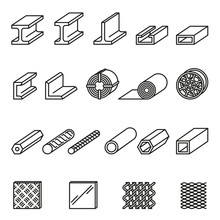 Metallurgy Products Vector Line Icons Set With White Background. Steel Structure And Pipe.