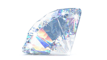 Fototapete - Cut diamond with shadow and glowing lens flares. 3D rendering illustration of sparkling light round brilliant diamond isolated on white background