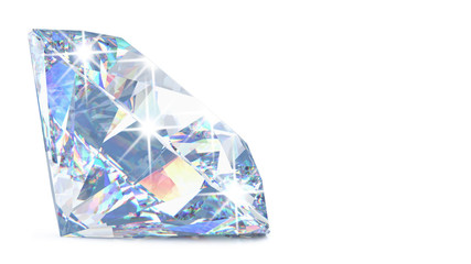 Fototapete - Side view of Cut diamond with shadow and glowing lens flares with copy space. 3D rendering illustration of sparkling light round brilliant diamond isolated on white background