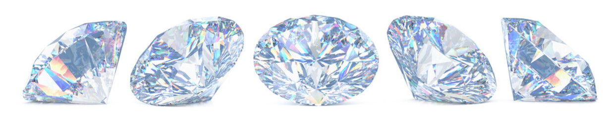 Fototapete - Set of cut diamonds with shadow and glowing lens flares. 3D rendering illustration of collection of sparkling light round brilliant diamonds isolated on white background