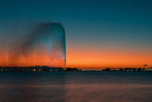 View Of The King Fahd's Fountain Seen From The South Corniche, Jeddah, Saudi Arabia, With A Beautiful Sunset In The Background