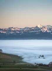 Wall Mural - swiss mountain range in switzerland while the valley is covered in fog during sunset, super warm lig