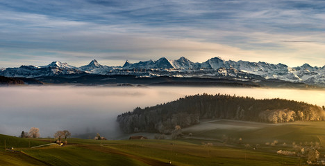 Wall Mural - swiss mountain range in switzerland while the valley is covered in fog during sunset, super warm lig