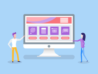 Poster - Online education computer with home assignments vector. Knowledge obtaining, man and woman student looking at screen with information and study files