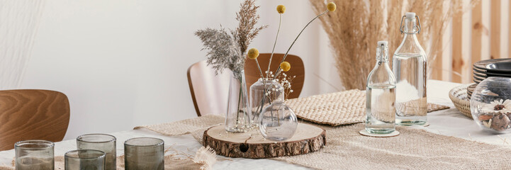 Close-up of wooden slice on the table during rustic wedding