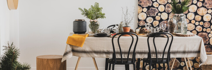Wall Mural - natural eco dining room with wall decorated by wooden slices