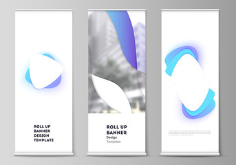Wall Mural - Vector illustration of the editable layout of roll up banner stands, vertical flyers, flags design business templates. Blue color gradient abstract dynamic shapes, colorful geometric template design.