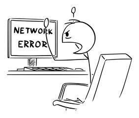 Vector cartoon stick figure drawing conceptual illustration of angry man or businessman working on computer and watching network error message on the screen.