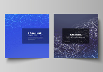 Vector layout of two square format covers design templates for brochure, flyer. Digital technology and big data concept with hexagons, connecting dots and lines, polygonal science medical background.